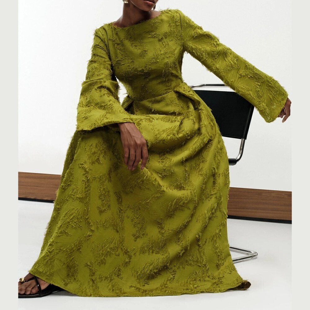 Chartreuse Green Textured Fil Coupe Long Sleeve A-Line Maxi Dress